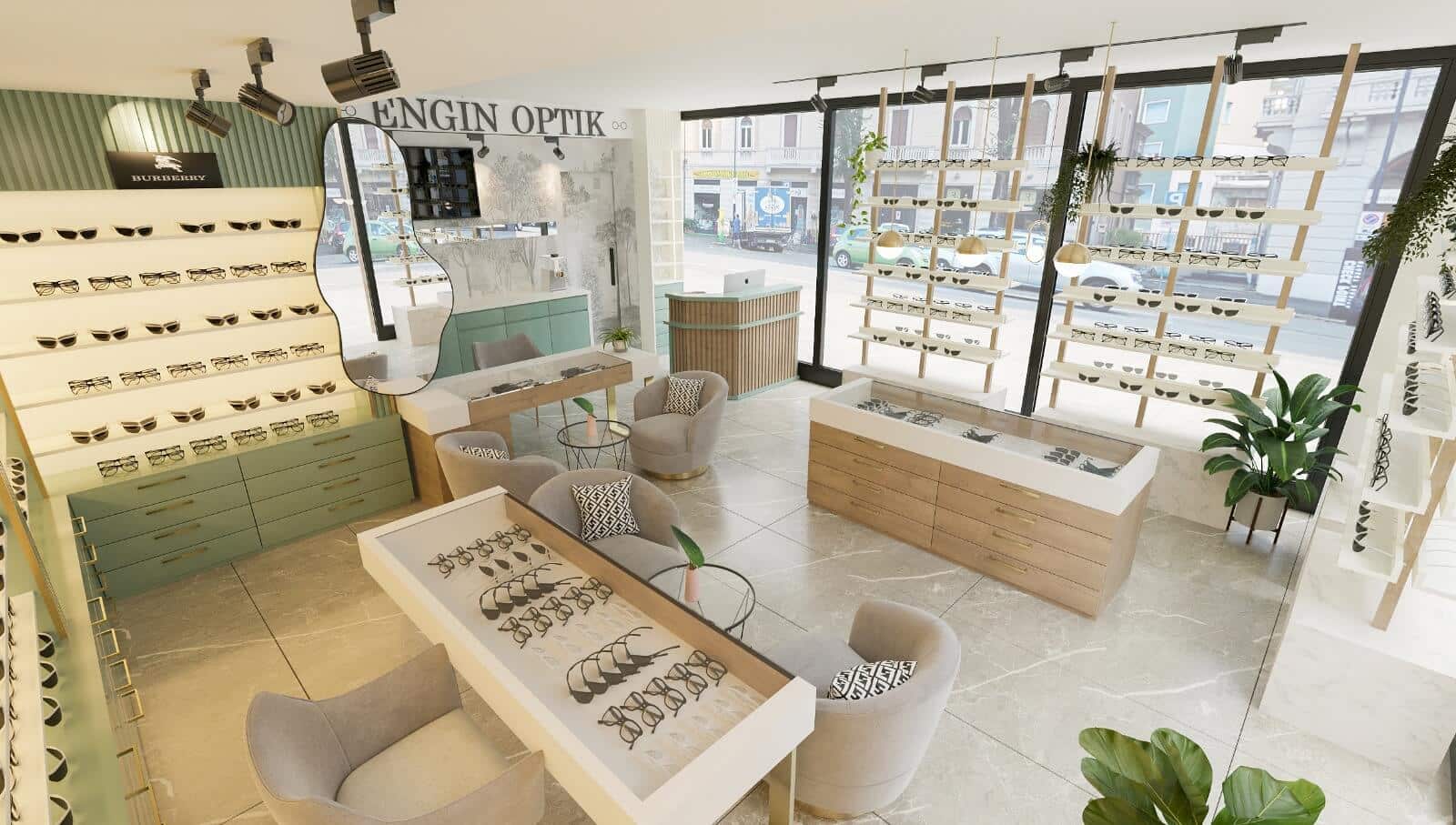 Engin Optik vitrin tasarımı Antalya mağaza dekorasyonu