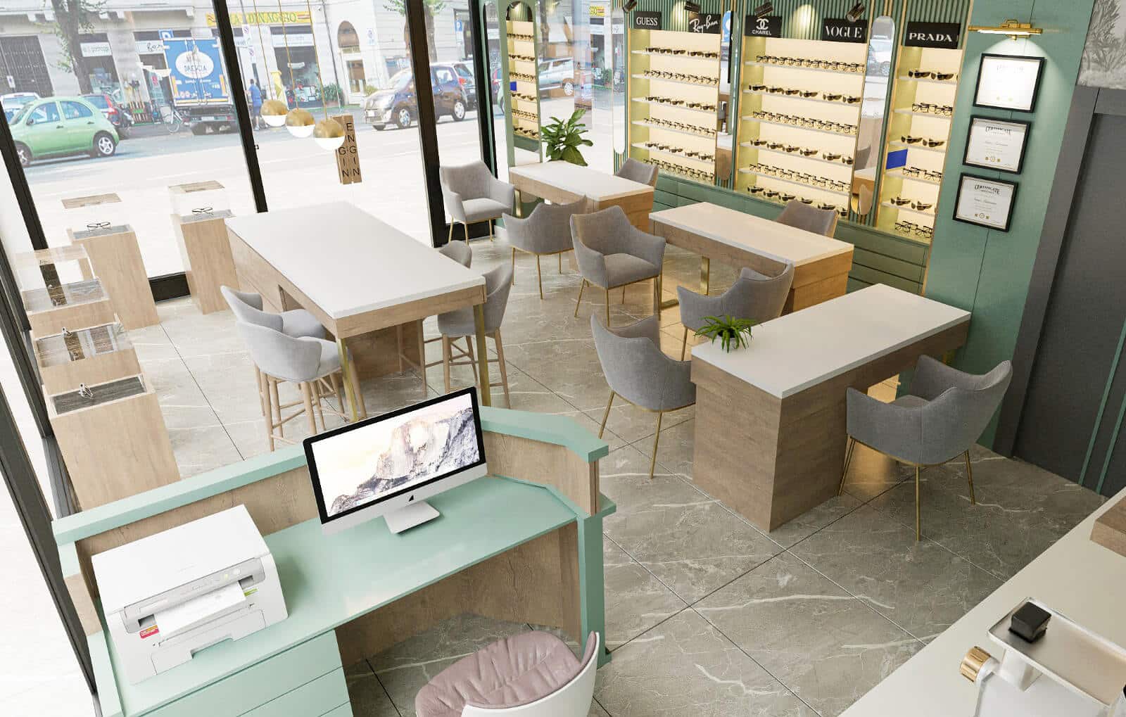 Antalya optik mağaza karşılama ve kasa bölümü tasarımı